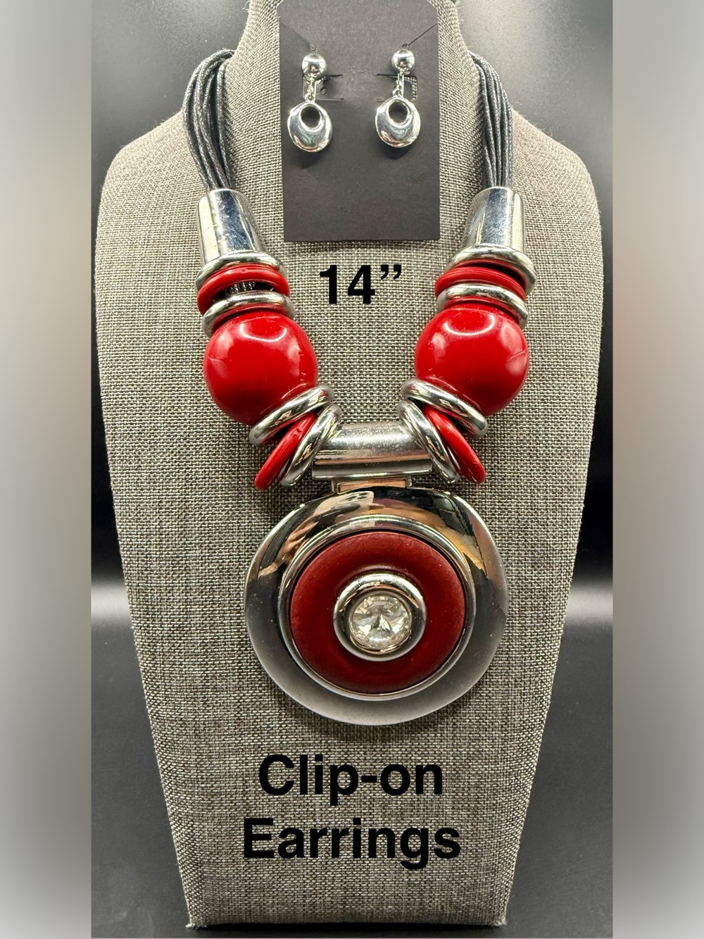 Red Statement Pendant Necklace with Crystal Accent
